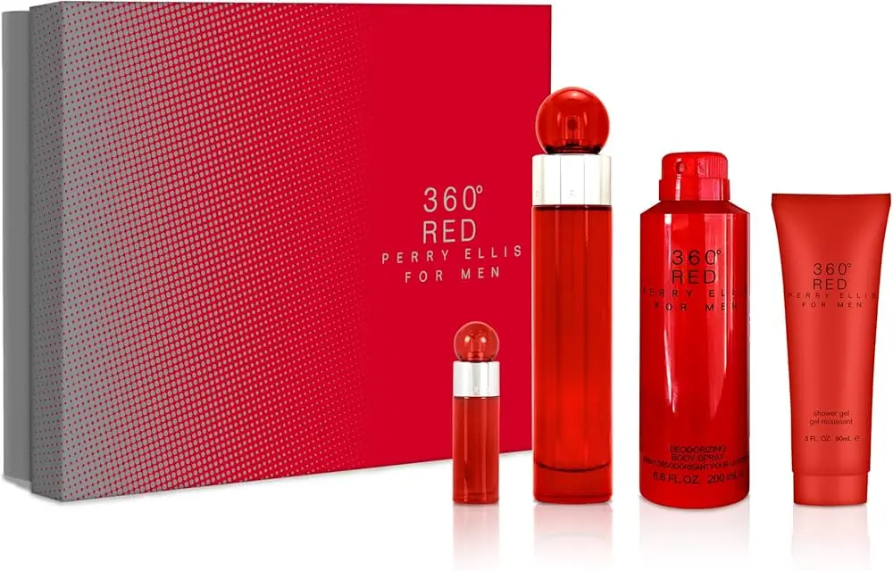 SET PERRY ELLIS 360 RED MEN (4 PC SET) 3.4 OZ EDT SP/ 6.8 DEO SP/ 3.0 OZ SG/ 10ML MINI