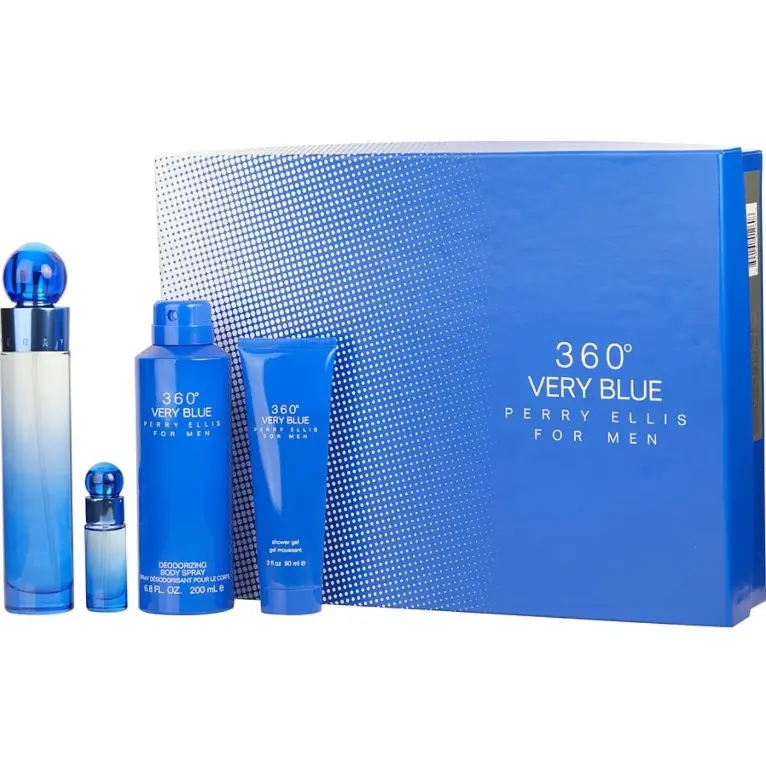 SET PERRY ELLIS 360 VERY BLUE (4 PC) 3.4 OZ EDT SP/ 6.8 OZ DEO/ 3.0 OZ SG/ 0.25 OZ MINI EDT